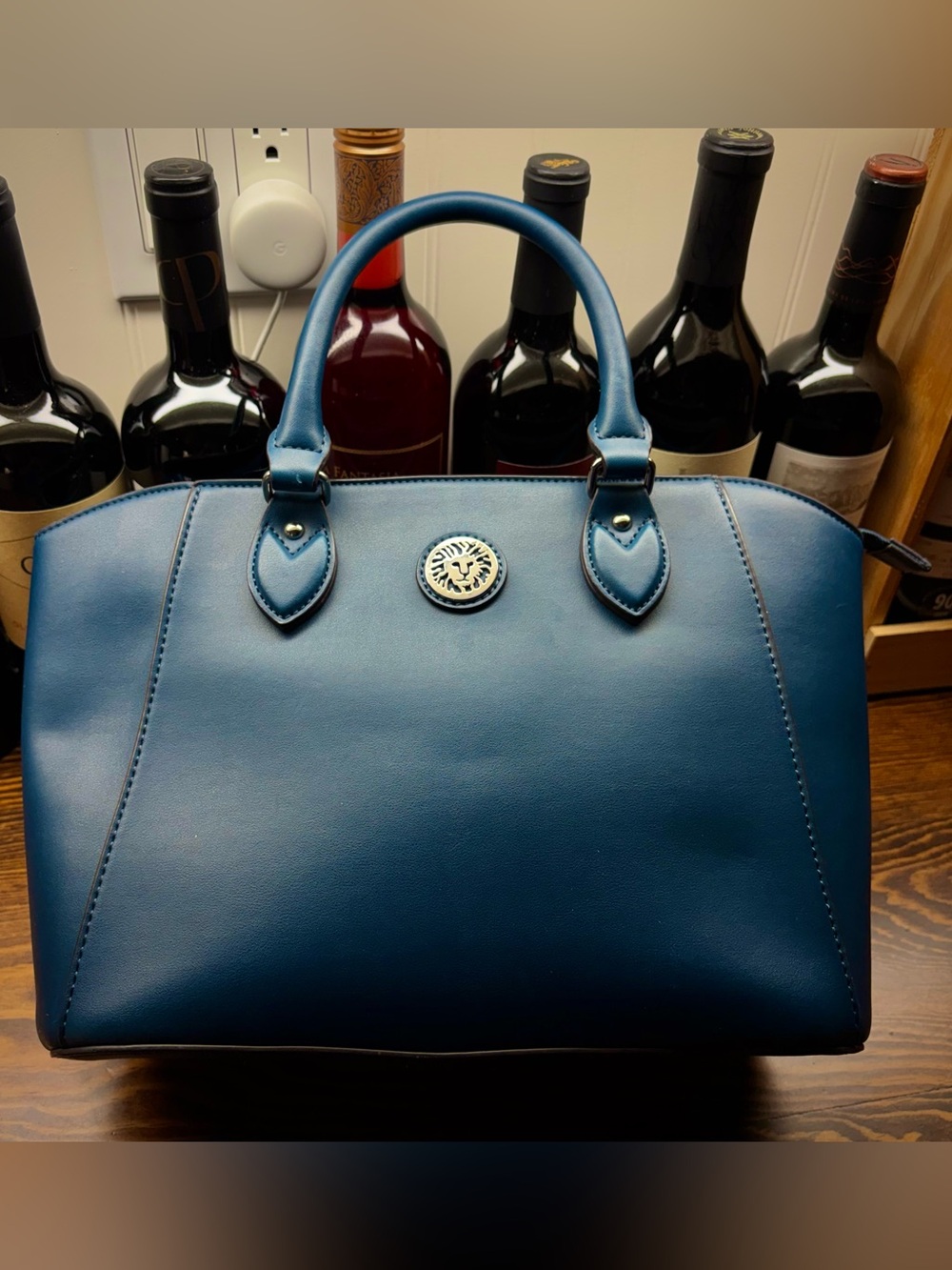 Anne Klein Teal Top-Handle Satchel with Silver Emblem